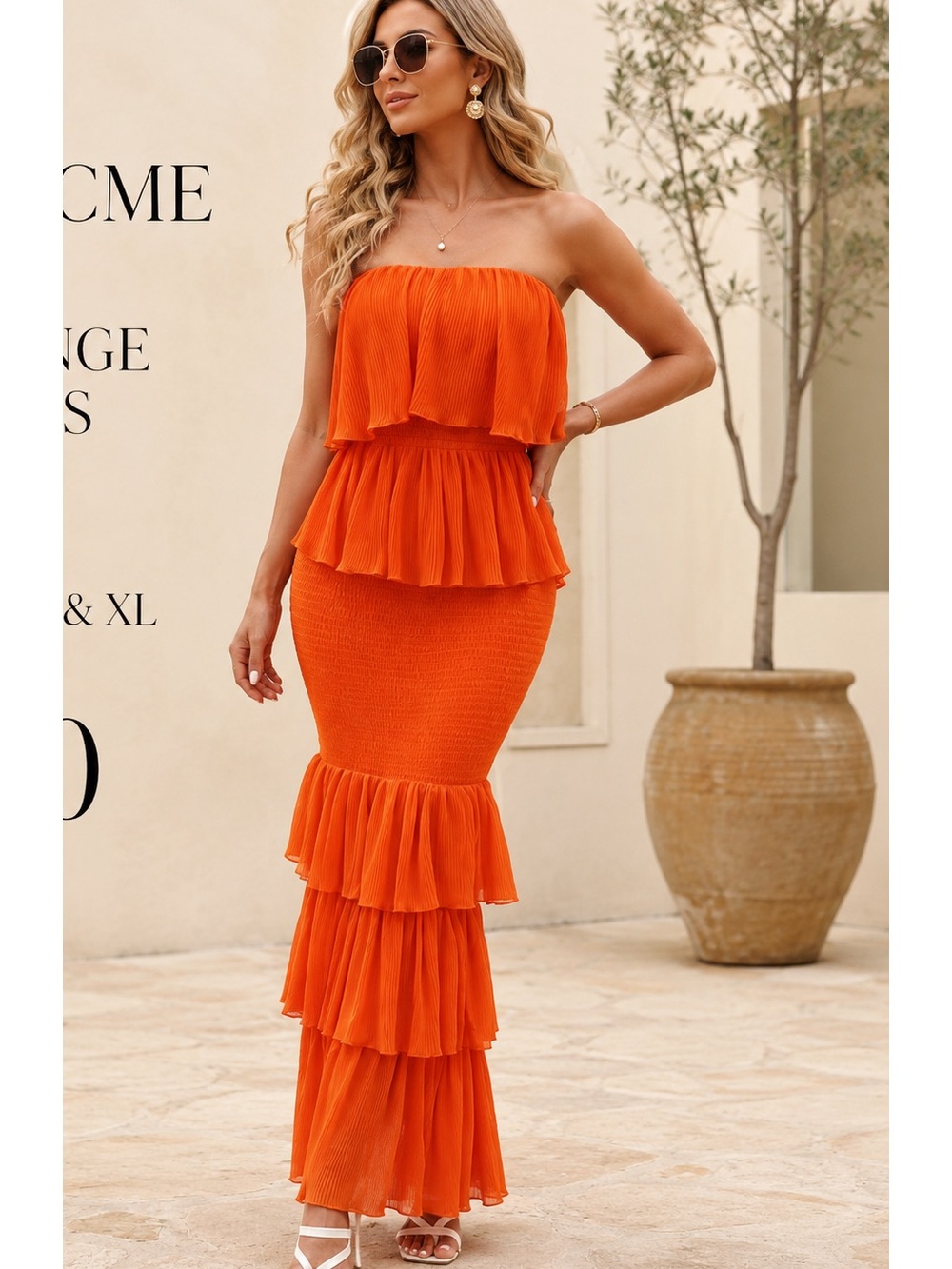 Strapless Tiered Ruffle Maxi Dress in Bright Orange